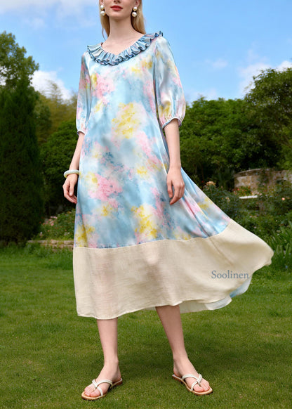 Beautiful Ruffled Print Patchwork Linen Silk Long Dresses Summer