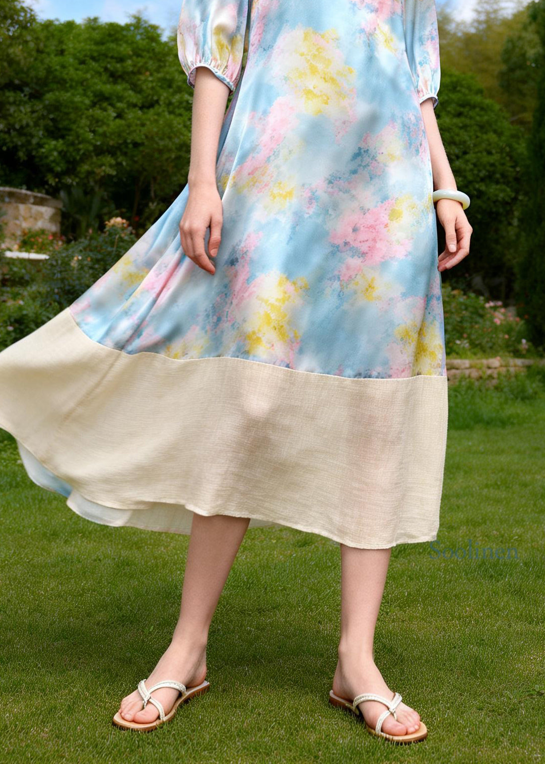 Beautiful Ruffled Print Patchwork Linen Silk Long Dresses Summer