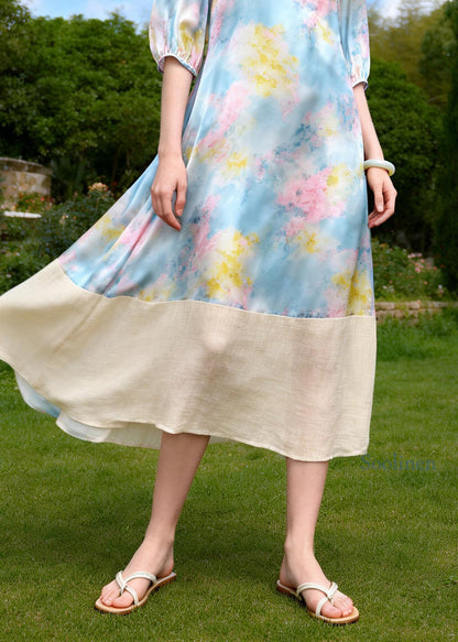 Beautiful Ruffled Print Patchwork Linen Silk Long Dresses Summer