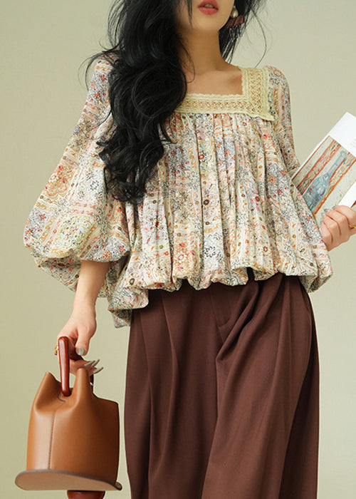 Beautiful Square Collar Print Lace Up Patchwork Cotton Blouses Spring