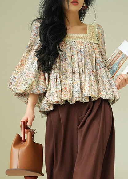 Beautiful Square Collar Print Lace Up Patchwork Cotton Blouses Spring