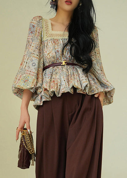 Beautiful Square Collar Print Lace Up Patchwork Cotton Blouses Spring