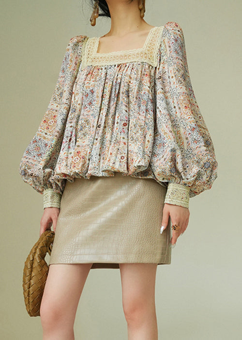 Beautiful Square Collar Print Lace Up Patchwork Cotton Blouses Spring