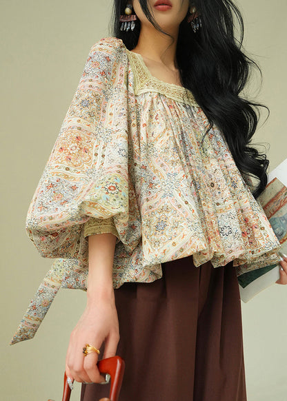 Beautiful Square Collar Print Lace Up Patchwork Cotton Blouses Spring