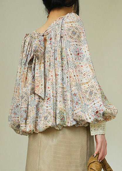 Beautiful Square Collar Print Lace Up Patchwork Cotton Blouses Spring