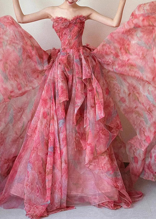 Beautiful Strapless Print High Waist Chiffon Exra Large Hem Dresses Sleeveless