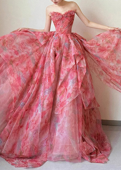 Beautiful Strapless Print High Waist Chiffon Exra Large Hem Dresses Sleeveless