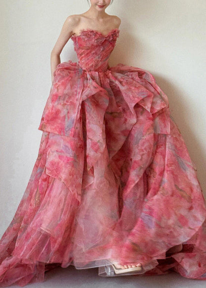 Beautiful Strapless Print High Waist Chiffon Exra Large Hem Dresses Sleeveless