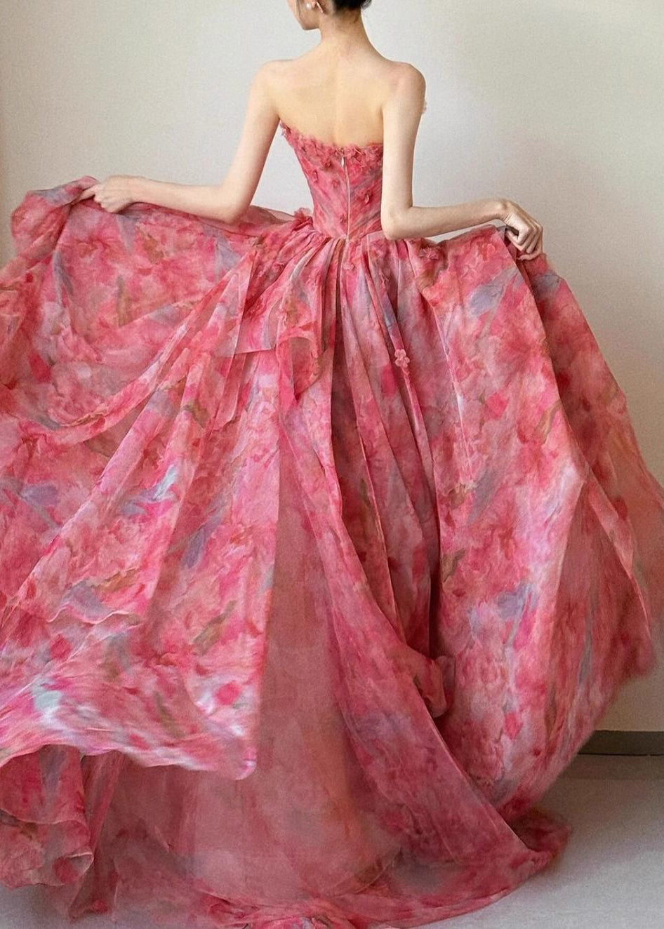 Beautiful Strapless Print High Waist Chiffon Exra Large Hem Dresses Sleeveless