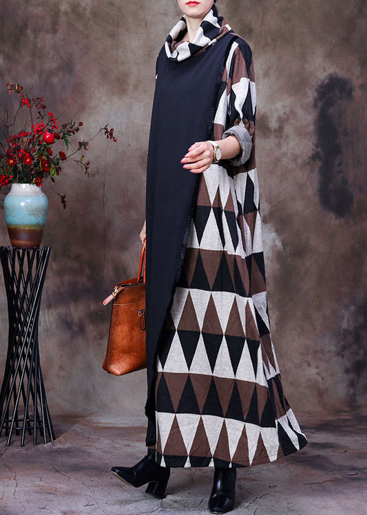 Wunderschönes Rollkragen-Kariertes Patchwork-Langarm-Herbstkleid