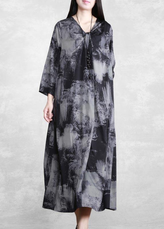 Beautiful V Neck Asymmetric Quilting Clothes Design Gray Print Maxi Dress - SooLinen