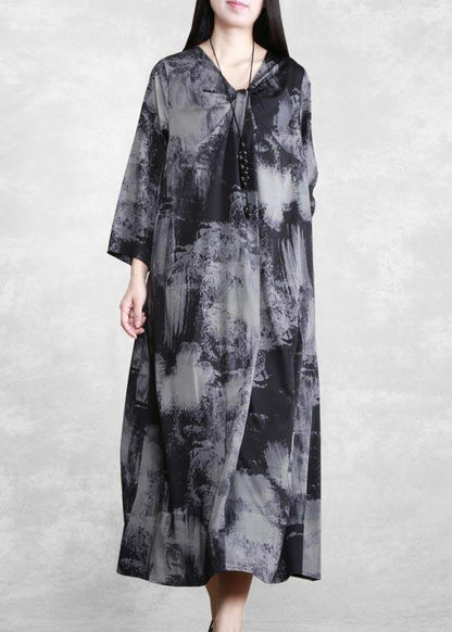 Beautiful V Neck Asymmetric Quilting Clothes Design Gray Print Maxi Dress - SooLinen