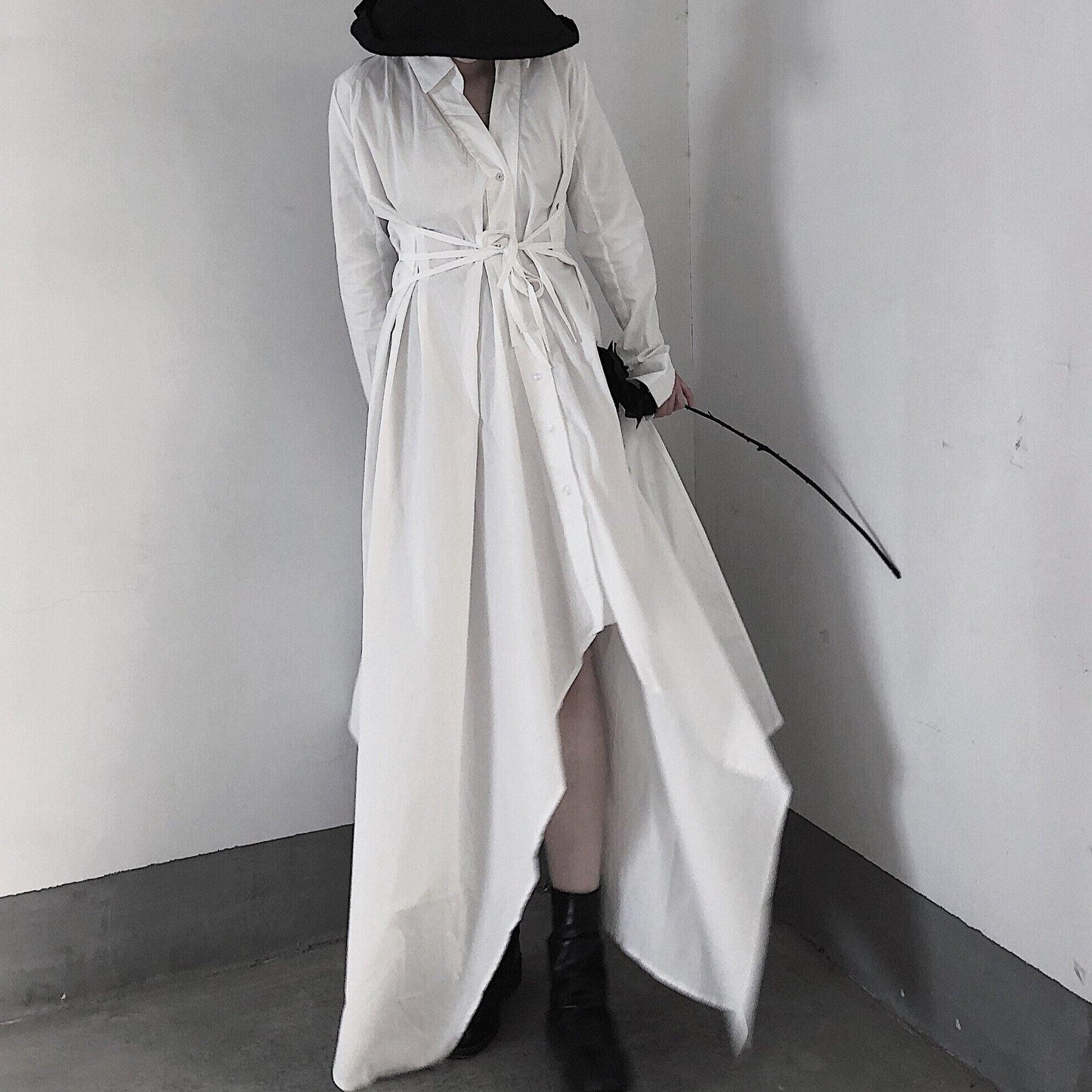 Beautiful V Neck Asymmetric Spring Quilting Clothes Catwalk White Art Dresses - SooLinen