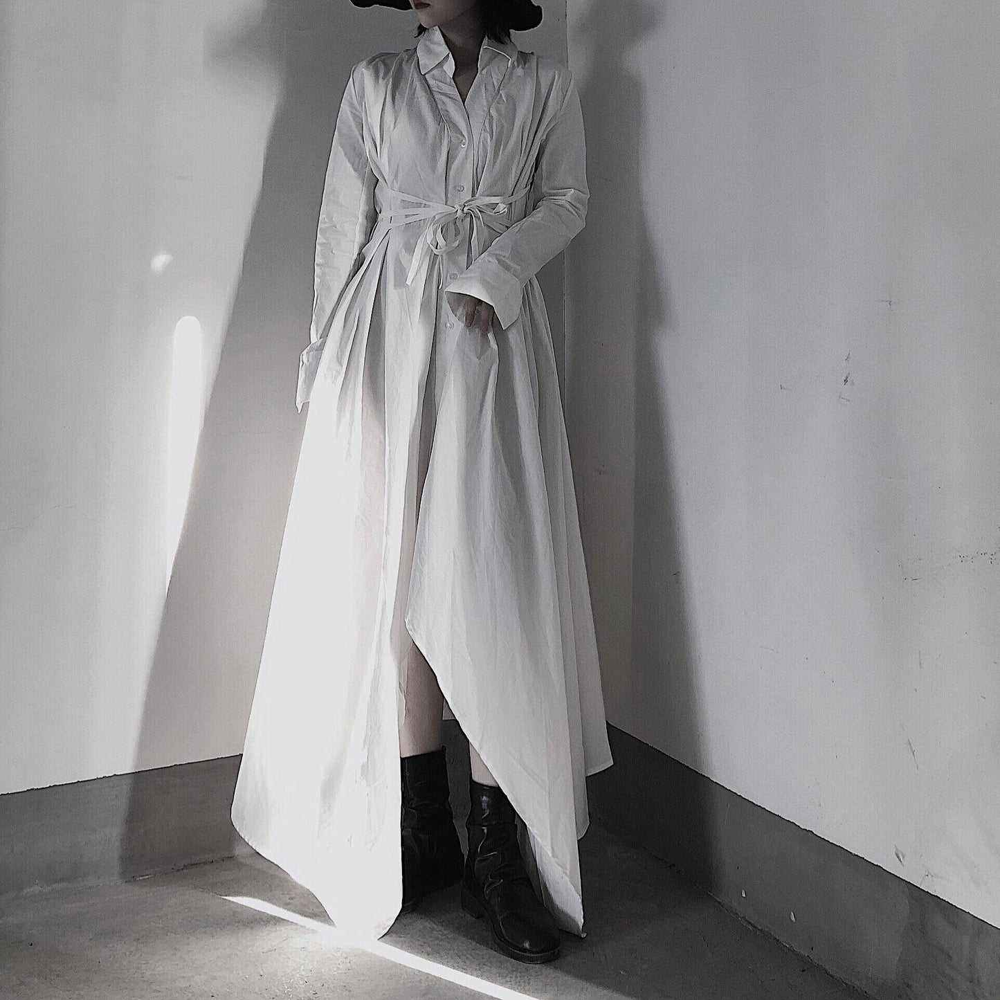 Beautiful V Neck Asymmetric Spring Quilting Clothes Catwalk White Art Dresses - SooLinen