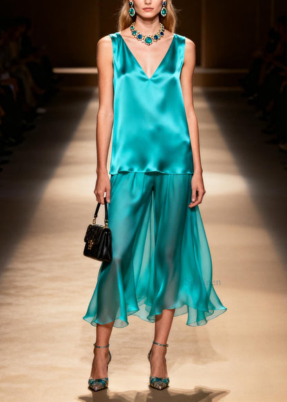 Beautiful V Neck False Two Pieces Patchwork Silk Dress Sleeveless