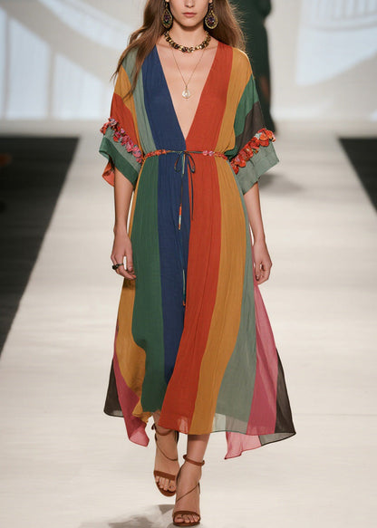 Beautiful V Neck Floral Patchwork Lace Up Cotton Dresses Summer