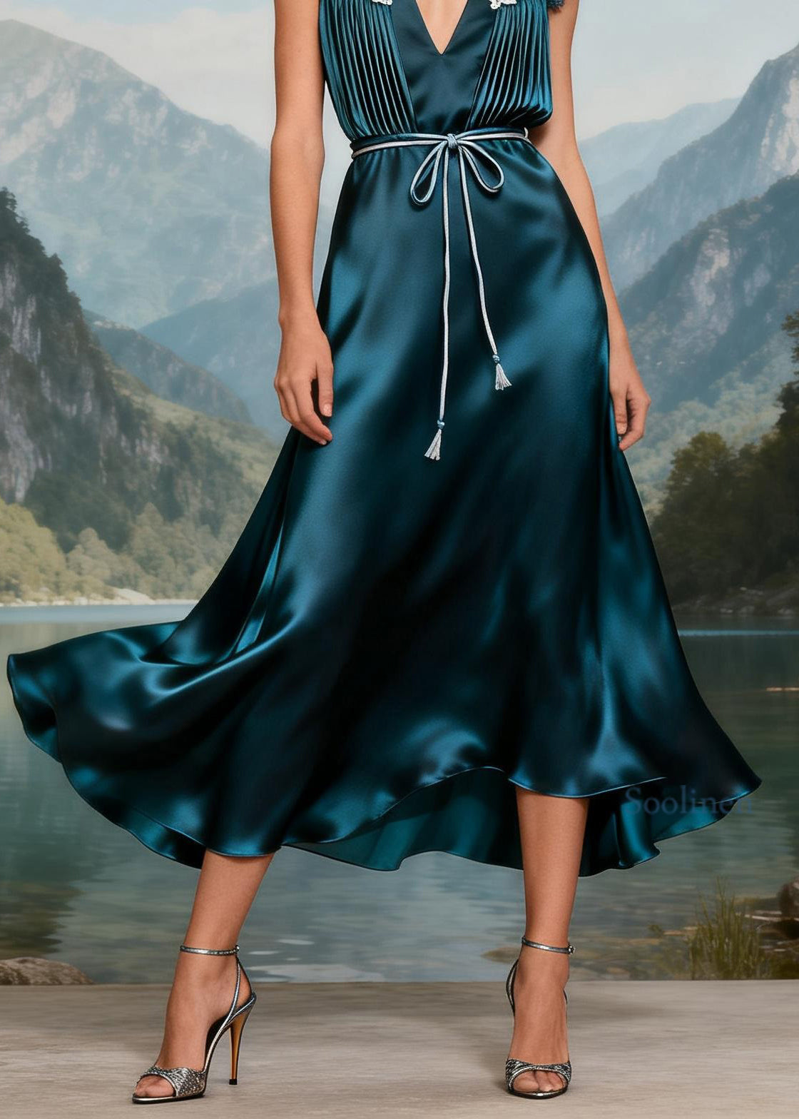 Beautiful V Neck Lace Patchwork Tie Waist Silk Long Dress Summer