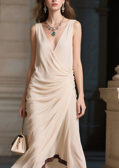 Beautiful V Neck Patchwork Cotton Long Dress Sleeveless