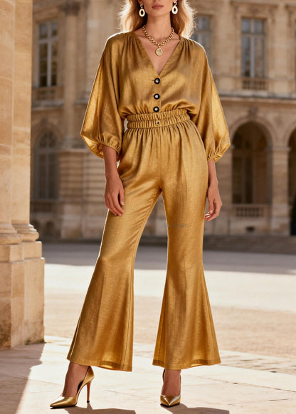 Beautiful V Neck Patchwork Linen Silk Two Pieces Set Summer