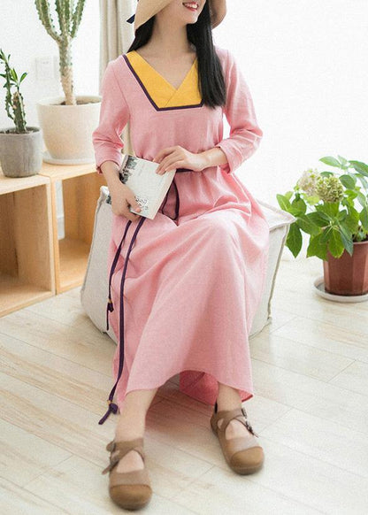 Beautiful V Neck Patchwork Spring Clothes Fabrics Pink Maxi Dress - SooLinen