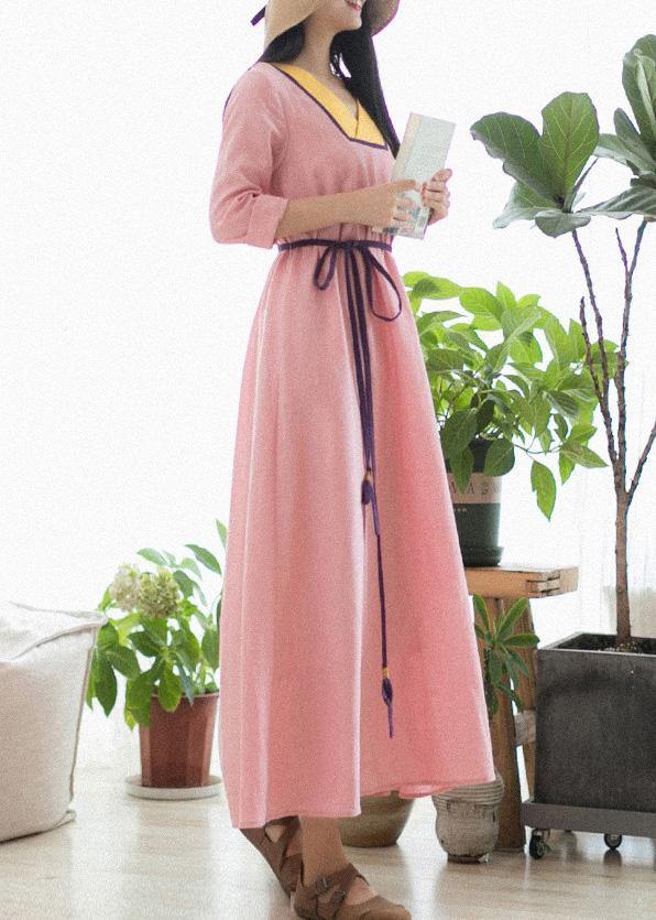 Beautiful V Neck Patchwork Spring Clothes Fabrics Pink Maxi Dress - SooLinen