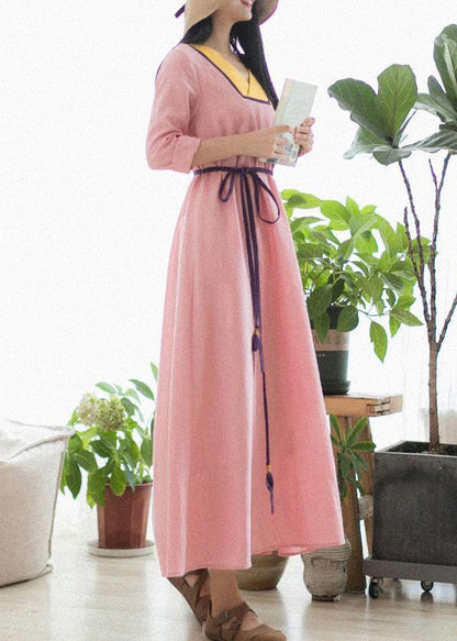 Beautiful V Neck Patchwork Spring Clothes Fabrics Pink Maxi Dress - SooLinen