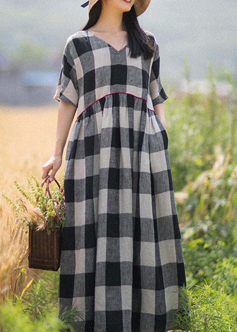 Beautiful V-Neck Patchwork Summer Women Black White Plaid Dresses - SooLinen