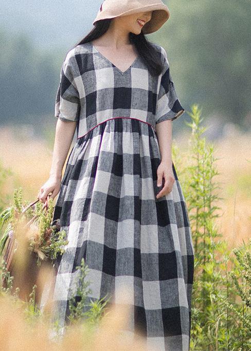 Beautiful V-Neck Patchwork Summer Women Black White Plaid Dresses - SooLinen