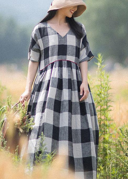 Beautiful V-Neck Patchwork Summer Women Black White Plaid Dresses - SooLinen
