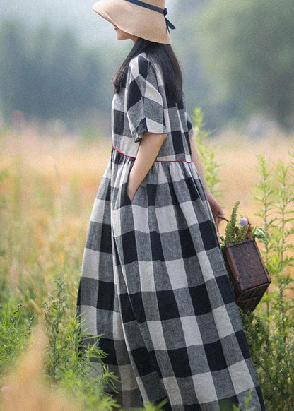 Beautiful V-Neck Patchwork Summer Women Black White Plaid Dresses - SooLinen