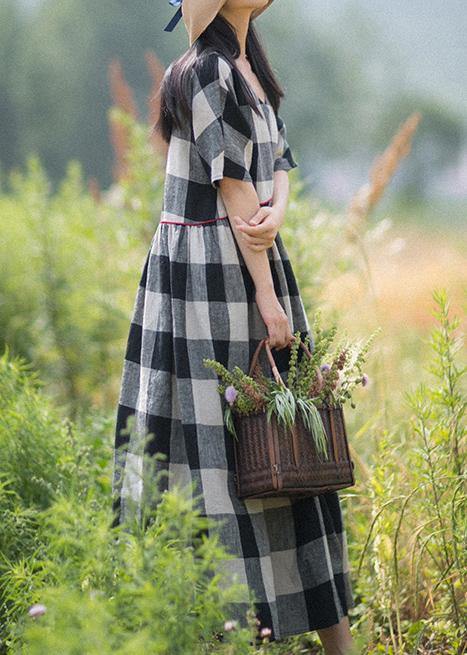 Beautiful V-Neck Patchwork Summer Women Black White Plaid Dresses - SooLinen