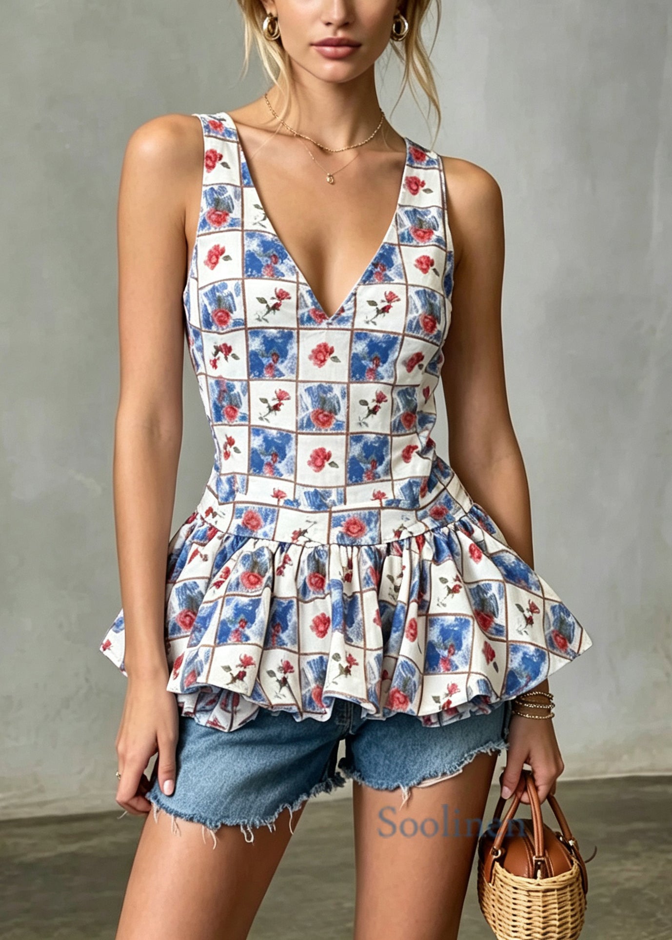 Beautiful V Neck Print Ruffled Cotton Tops Sleeveless