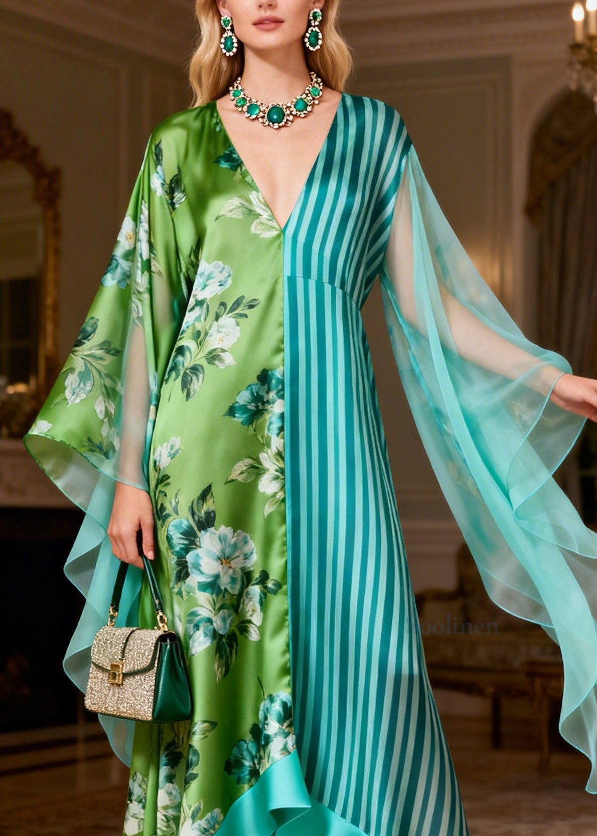 Beautiful V Neck Print Striped Patchwork Silk Long Dress Summer