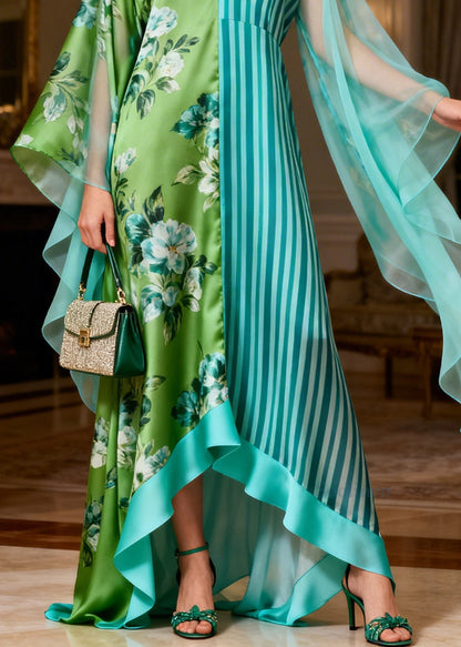 Beautiful V Neck Print Striped Patchwork Silk Long Dress Summer