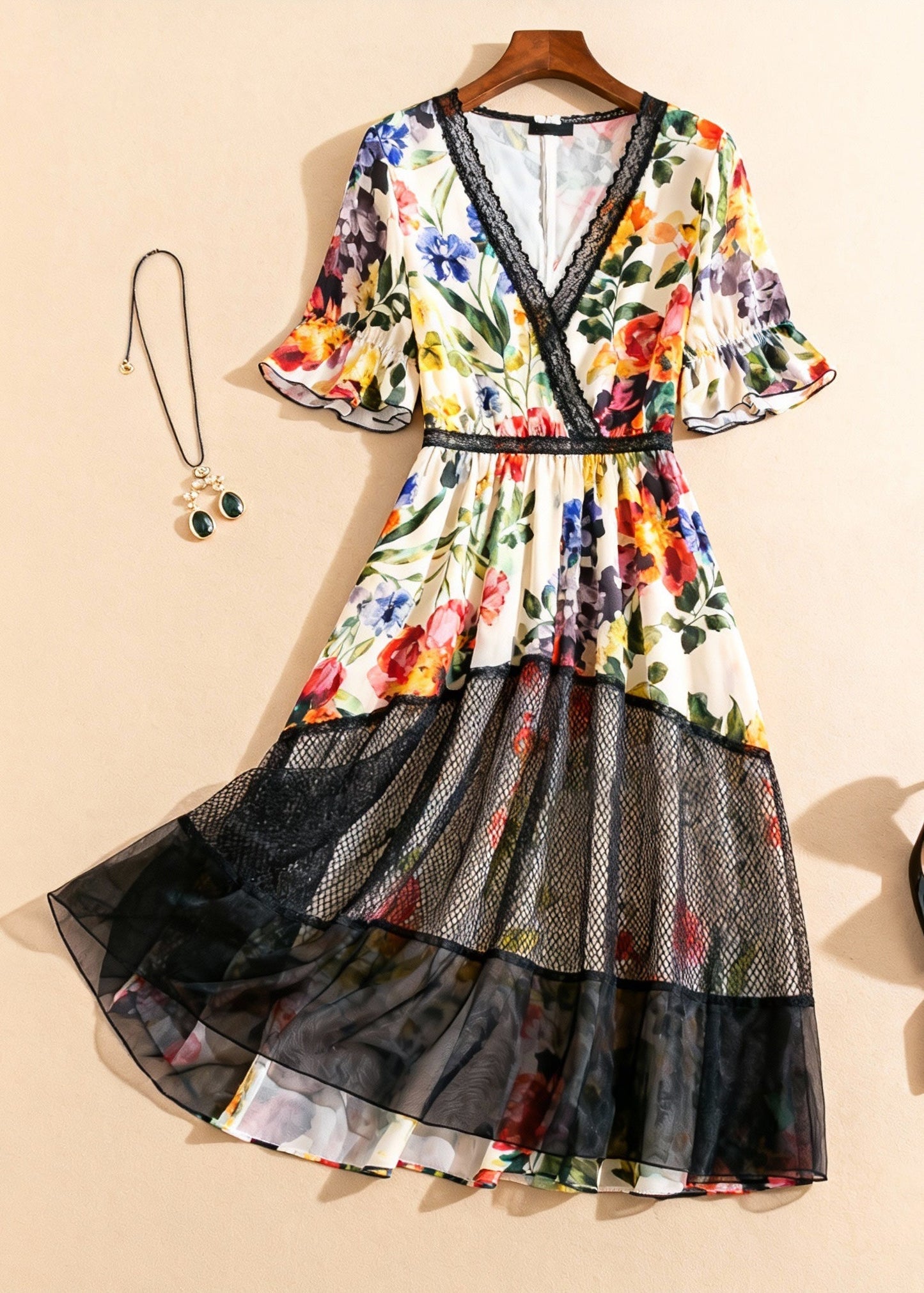 Beautiful V Neck Print Tulle Patchwork Long Dress Summer