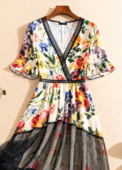 Beautiful V Neck Print Tulle Patchwork Long Dress Summer