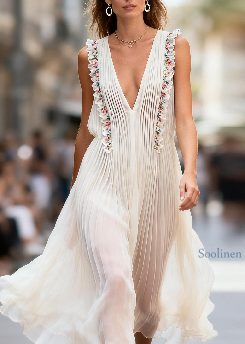 Beautiful V Neck Ruffled Floral Patchwork Chiffon Dress Sleeveless