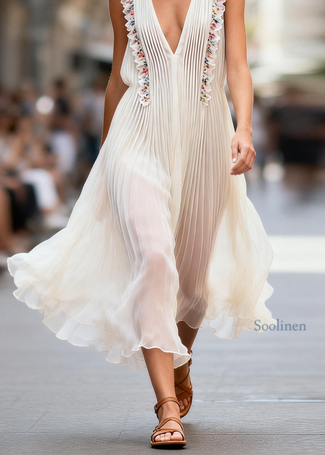 Beautiful V Neck Ruffled Floral Patchwork Chiffon Dress Sleeveless