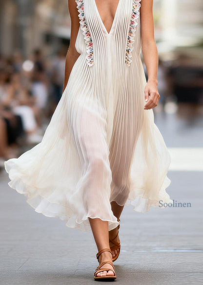 Beautiful V Neck Ruffled Floral Patchwork Chiffon Dress Sleeveless