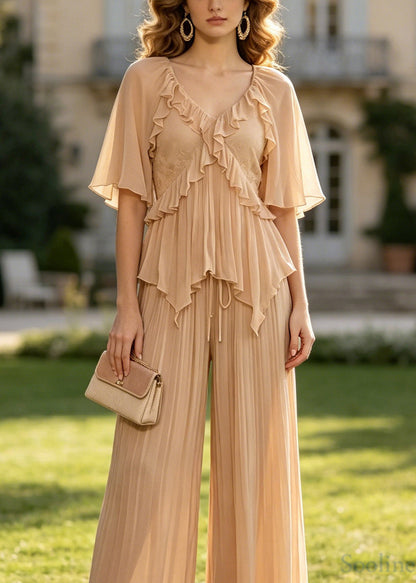 Beautiful V Neck Ruffled Patchwork Chiffon Two Piece Suit Set Summer