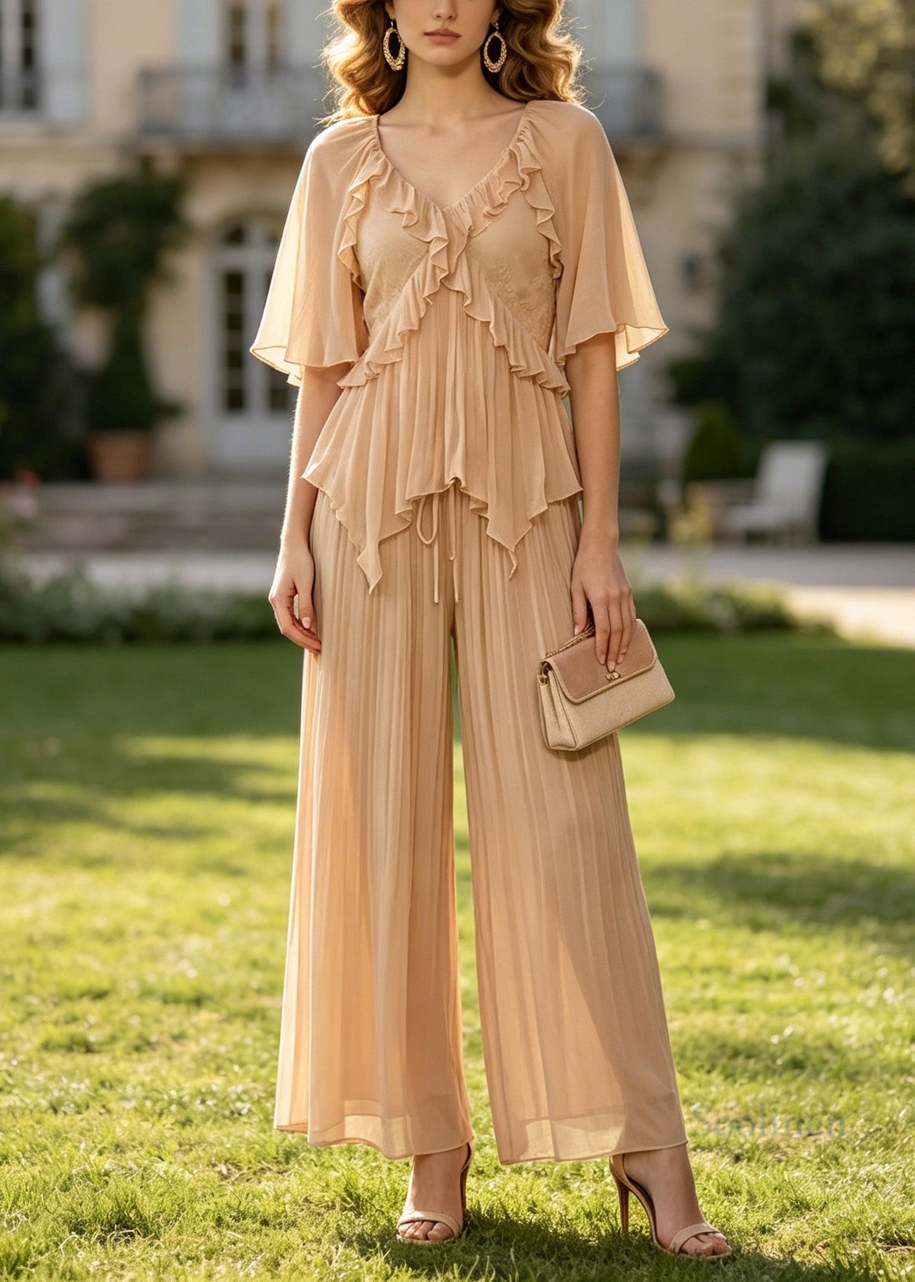 Beautiful V Neck Ruffled Patchwork Chiffon Two Piece Suit Set Summer