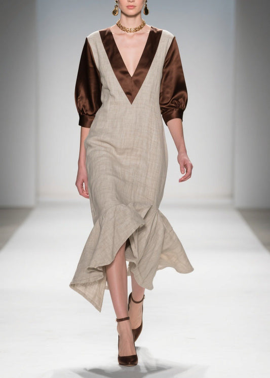 Beautiful V Neck Ruffled Patchwork Linen Silk Dress Summer