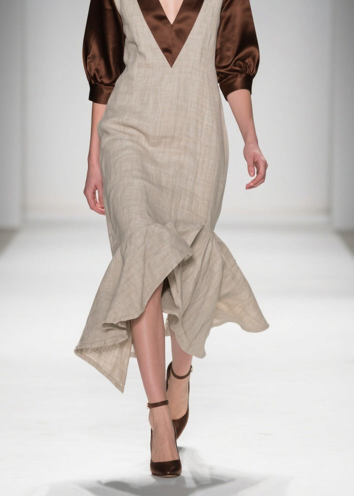 Beautiful V Neck Ruffled Patchwork Linen Silk Dress Summer