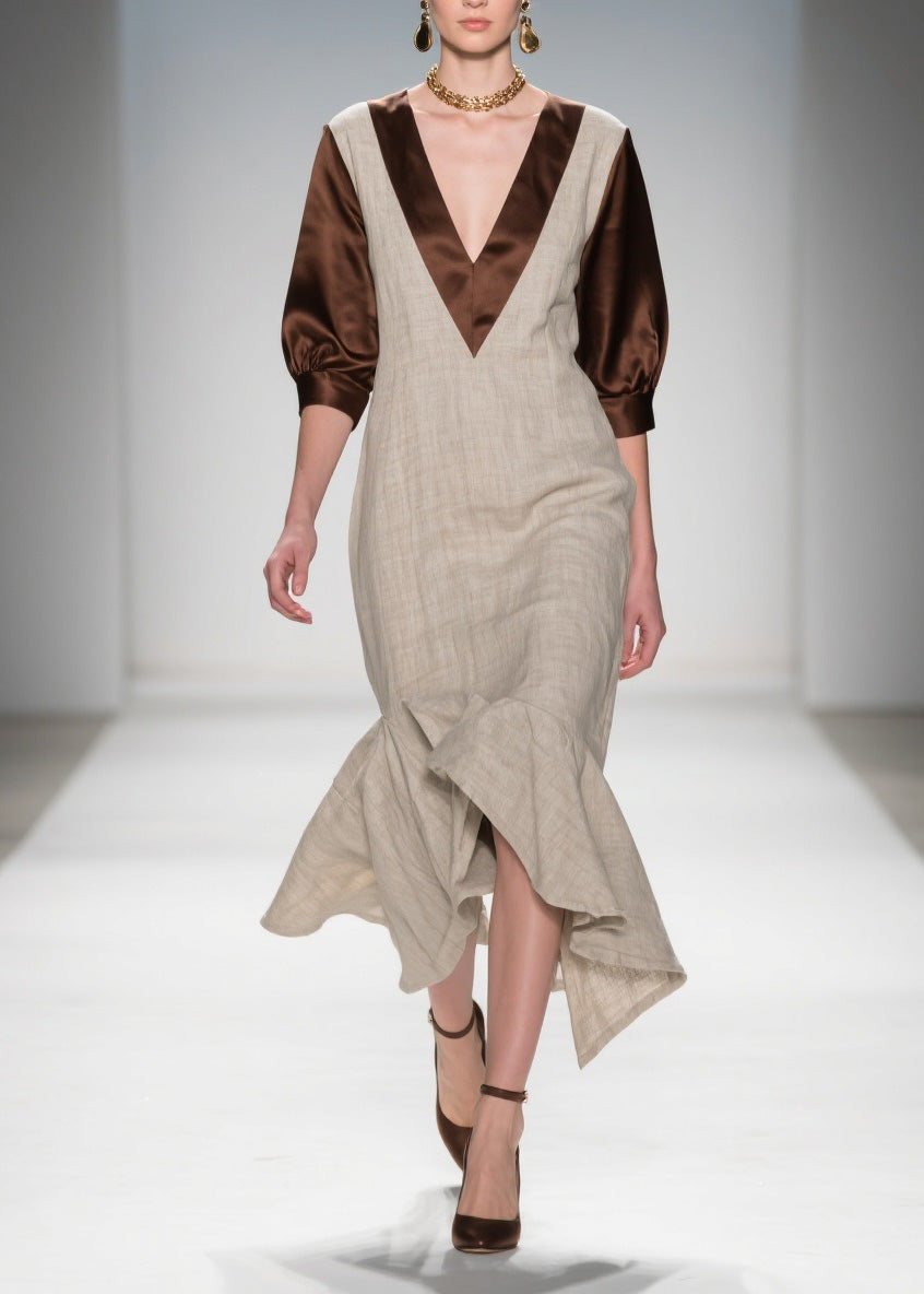 Beautiful V Neck Ruffled Patchwork Linen Silk Dress Summer