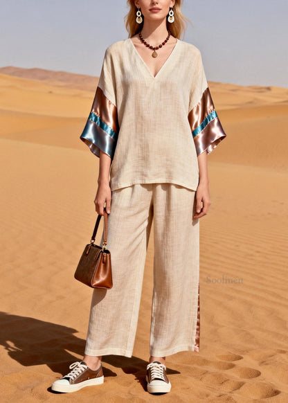 Beautiful V Neck Silk Patchwork Linen Two Pieces Set Summer