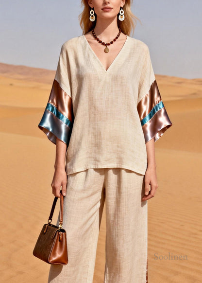 Beautiful V Neck Silk Patchwork Linen Two Pieces Set Summer
