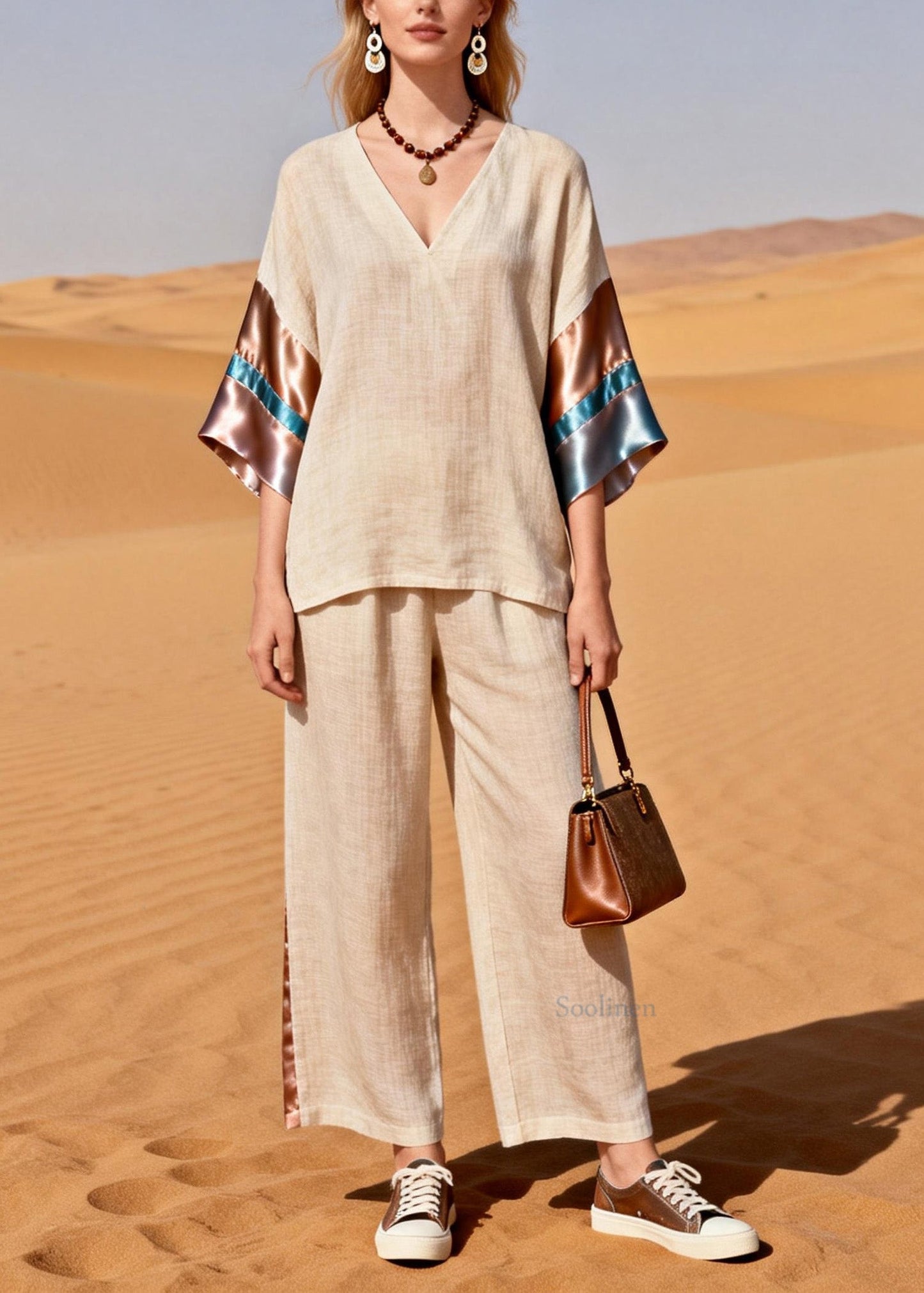 Beautiful V Neck Silk Patchwork Linen Two Pieces Set Summer