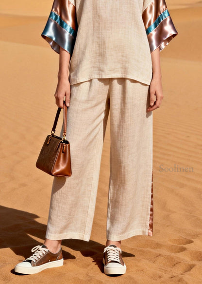 Beautiful V Neck Silk Patchwork Linen Two Pieces Set Summer