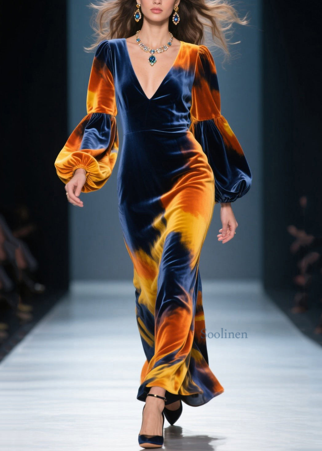 Hermoso vestido largo de terciopelo con efecto tie-dye y cuello en V y mangas farol