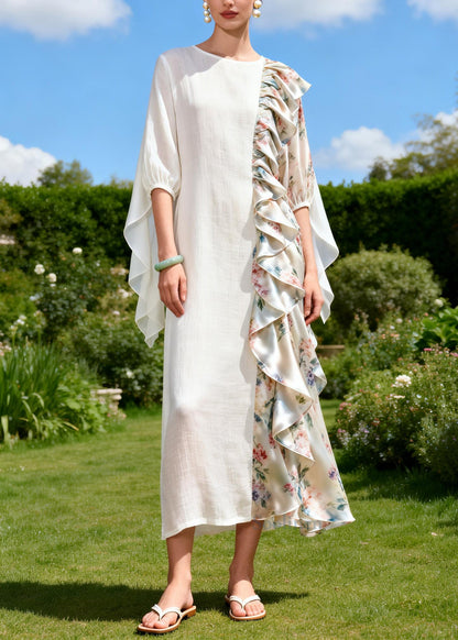 Beautiful White Asymmetrical Patchwork Ruffles Cotton Dress Summer